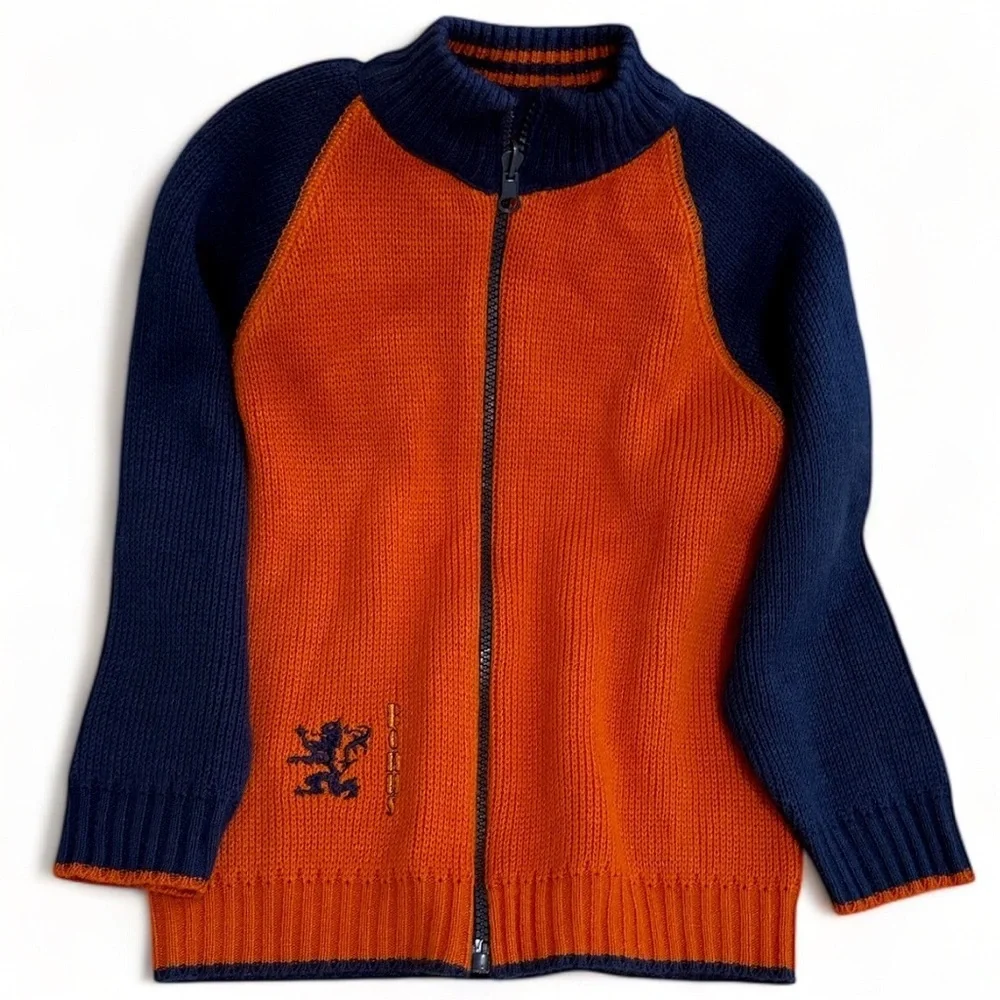 Vintage Boys Orange Navy Blue Knit Sweater Jacket Coat Size Small Netherlands